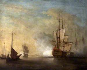 A British Warship Firing Salvoes in a Calm, with Other Boats