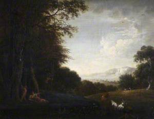Woody Landscape with a Woman and a Child, a Satyr and Goats