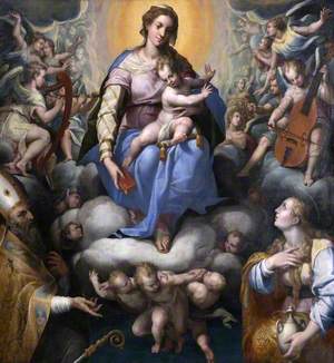 Madonna and Child in a Glory of Music-Making Angels, with the Magdalen and Saint Petronius