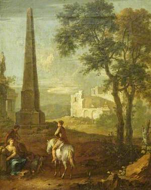 A Classical Landscape with an Obelisk, a Woman and a Rider
