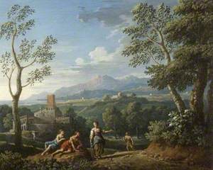 A Classical Landscape, with Figures Resting by a Road