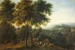 A Wooded Landscape, with Herdsfolk Resting under Trees near a Monument