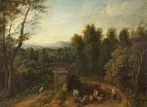 A Wooded Landscape with Peasants and Herdsfolk by a Monument