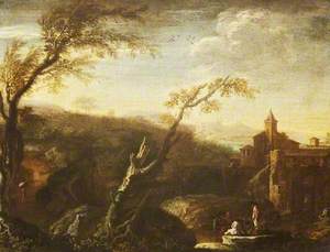 Italianate Landscape with Two Figures on a Rock before a Fortified Town