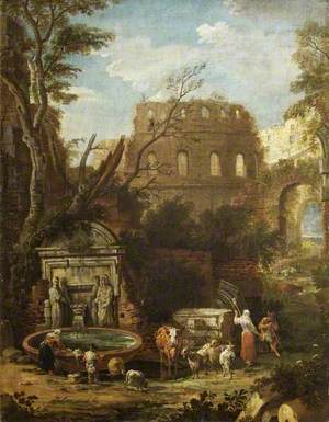 Classical Landscape with Ruins and Peasants by a Fountain