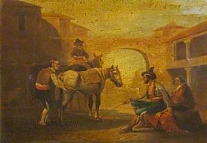 Figures and Donkeys by an Archway in Spain