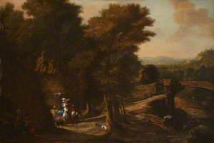 Landscape with a Stone Bridge and a Couple on Horseback Embracing