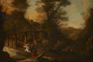 Landscape with a Wooden Bridge and Two Women Escaping from a Man