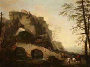 Classical Landscape with Cliffs, a Bridge and Travellers
