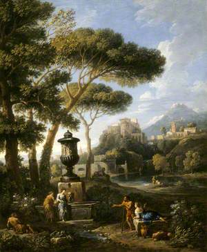 A Classical Landscape with Five Figures Conversing by a Fountain Topped by a Figured Urn