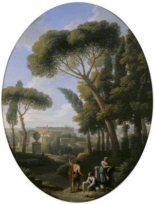 A Classical Landscape with a Traveller and Two Women Conversing, a Town in the Distance
