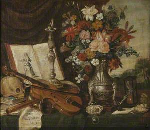 Vanitas Still Life with Musical Instruments and Flowers in a Silver Tripod Vase