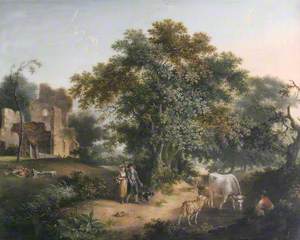 Figures, Cattle and Sheep in a Wooded Landscape