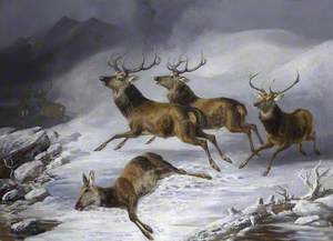 Five Stags Fleeing and a Dead Doe Lying in the Snow