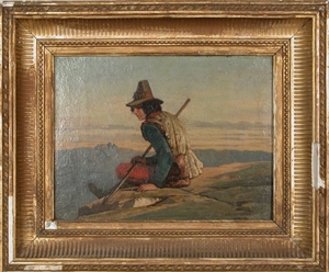 A Seated Young Shepherd Overlooking a Mountain Landscape