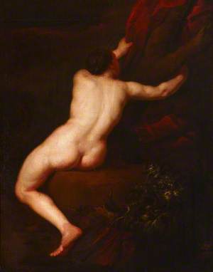 An Academic Male Nude Seen from Behind, Clasping a Tree Trunk
