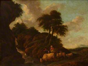 Landscape with a Waterfall, Peasants and Animals