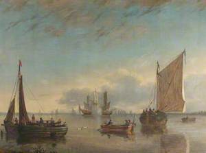 A Calm Estuary with Fishing Boats and a Man o' War Firing a Salute 