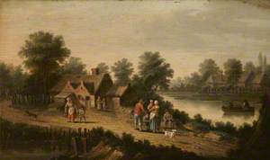 A River Landscape with Figures in a Boat and Others in the Foreground