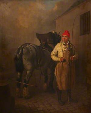 A Man in a Red Hat with a Whip and a Horse