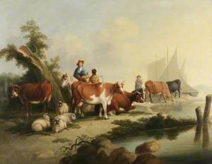 River Landscape with People, Animals and Boats