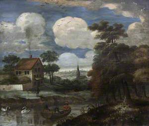 River Landscape with a Boat, Swans, a House and a Church