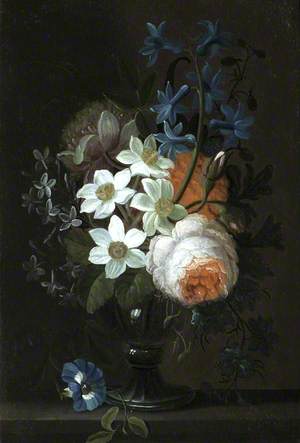 Still Life of Flowers in a Vase on a Ledge