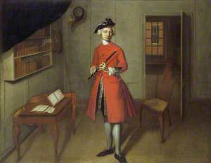 A Gentleman in a Townhouse Study Holding a Transverse Flute