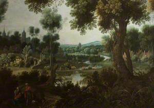 Wooded River Landscape with Figures