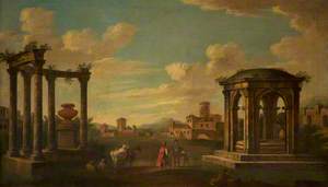 A Vaguely Italianate Landscape with Antique Ruins (Sheep and a Sportsman Accosted by a Gypsy and Her Children)