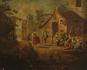 Villagers Dancing and Sitting in a Farmyard