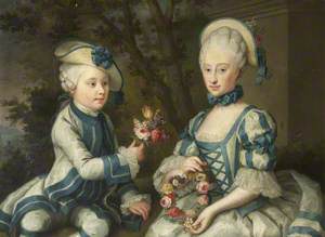 A Young Gentleman Presenting a Bouquet to a Lady Holding a Floral Garland