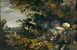 An Extensive Landscape with Exotic Flowers, Fruit and Vegetables and a 'Noli me Tangere' in the Garden Beyond