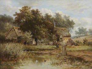 Cottages beside a Pond, with an Old Woman