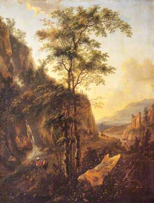 A Mountainous Italianate Landscape with Travellers on a Road