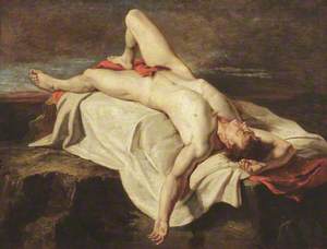 Academic Study of a Male Nude Lying on a Shroud on Rocks