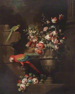 Still Life with Flowers in an Urn and Two Parrots