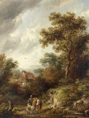 A Country Lane with Herdsman, a Cow and Sheep