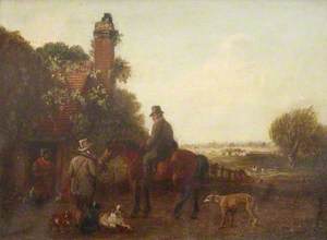 Two Sportsmen outside a Cottage, One on Horseback, with Dogs