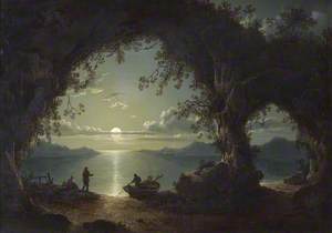 A Moonlit Bay, with Boatmen, Seen through a Wooded Glade