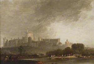 View of Windsor Castle from the River, with Cattle, and Men on Horseback