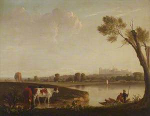 View of Windsor Castle from the River, with Cattle, and Two Men in a Boat