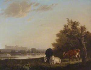 Distant View of Windsor Castle, with Cows by the River