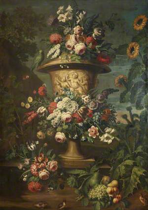 An Urn Filled and Garlanded with Summer Flowers
