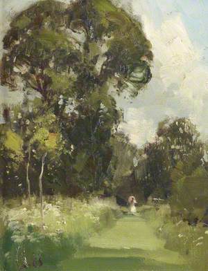 Anglesey Abbey Gardens, with a Lady in White on a Grass Path, Holding a Parasol