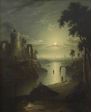 Moonlit River Scene with a Ruined Castle and a Townscape beyond