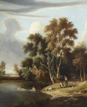 A Cottage by a Pond, with Figures Swimming and on the Bank