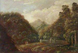 Wooded Landscape with Two Figures by a Stone Wall with a Gate