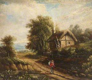 Summer Landscape with a Cottage and a Traveller on a Road