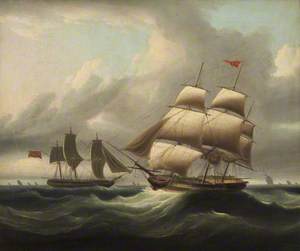 A Merchantman Hove to, with a Pilot Cutter Going Off